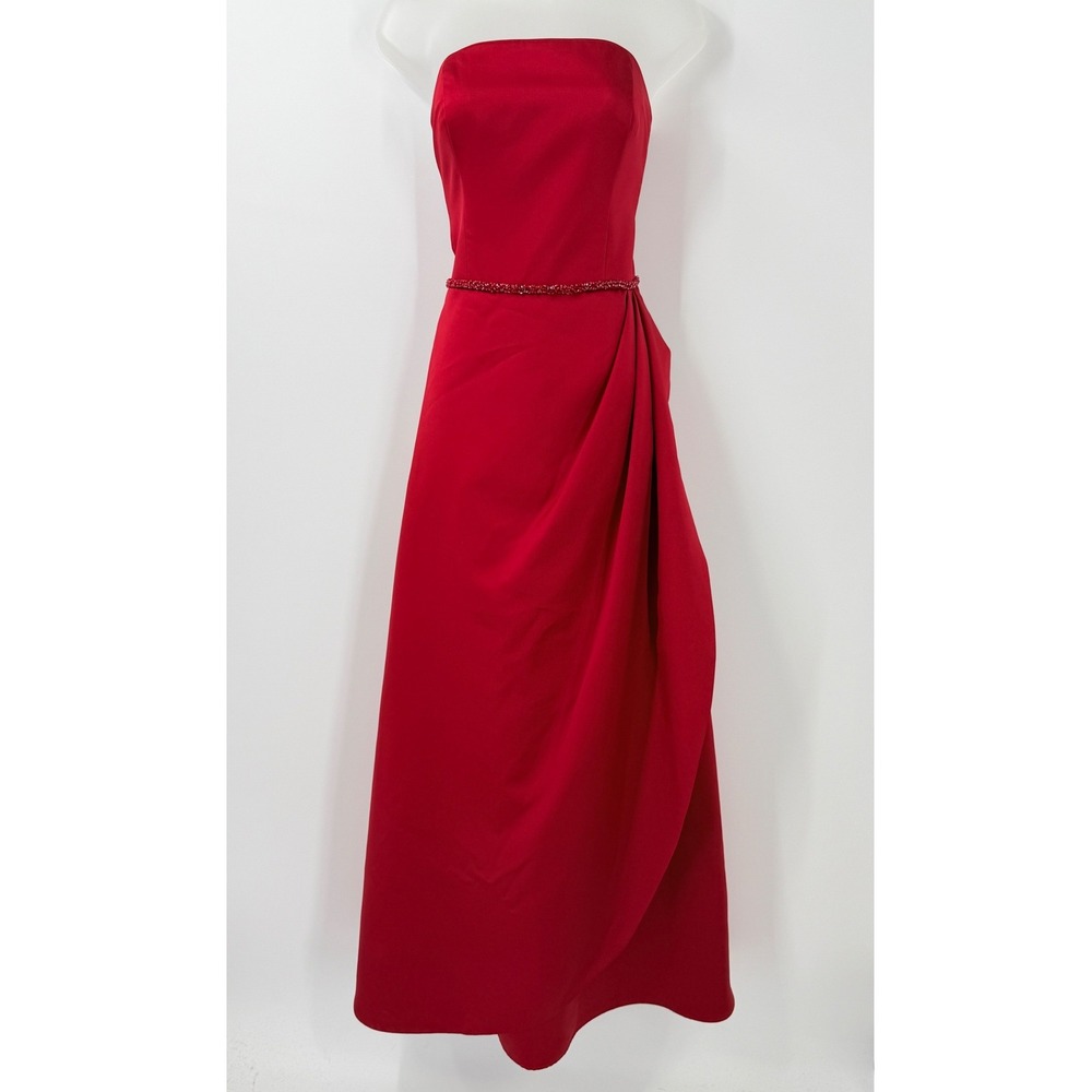 Vtg 90s Jordan Red Strapless Beaded Draped Maxi Dress Gown glam old hollywood
